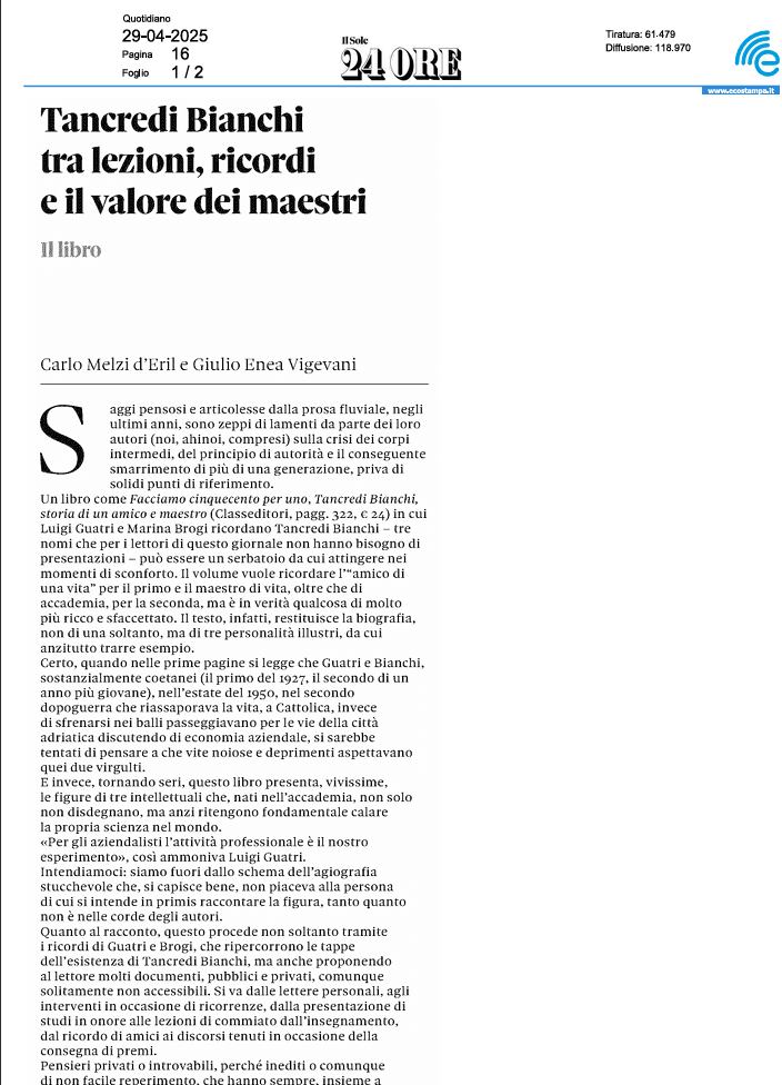 Tancredi Bianchi tra lezioni ricordi e il valore dei maestri